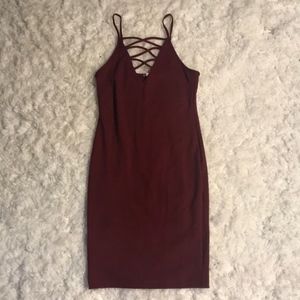NWOT Sexy Maroon Cross-Front Bodycon Midi Dress